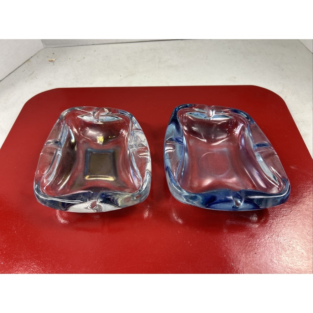 Vintage Iridescent Blue Art Glass Ashtray Hand Blown Heavy MCM Retro Decor Set